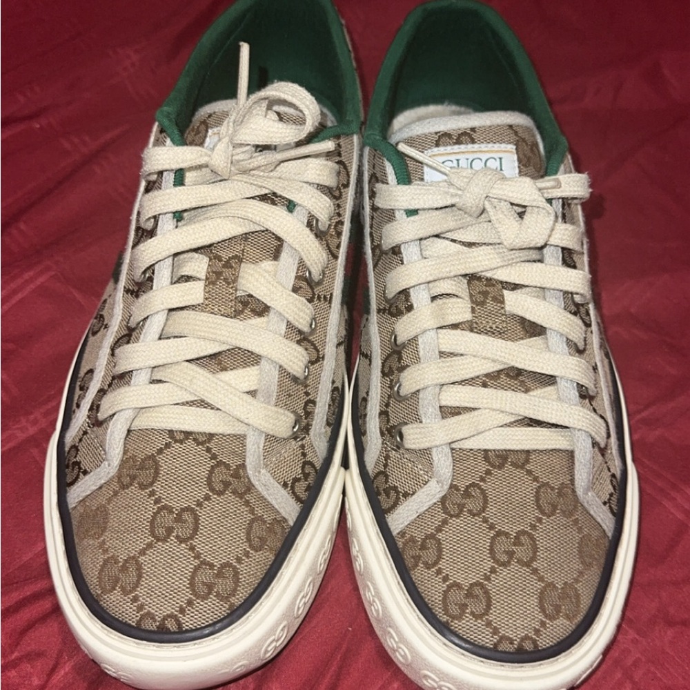 Gucci Tan and Green Sneakers with Iconic Monogram